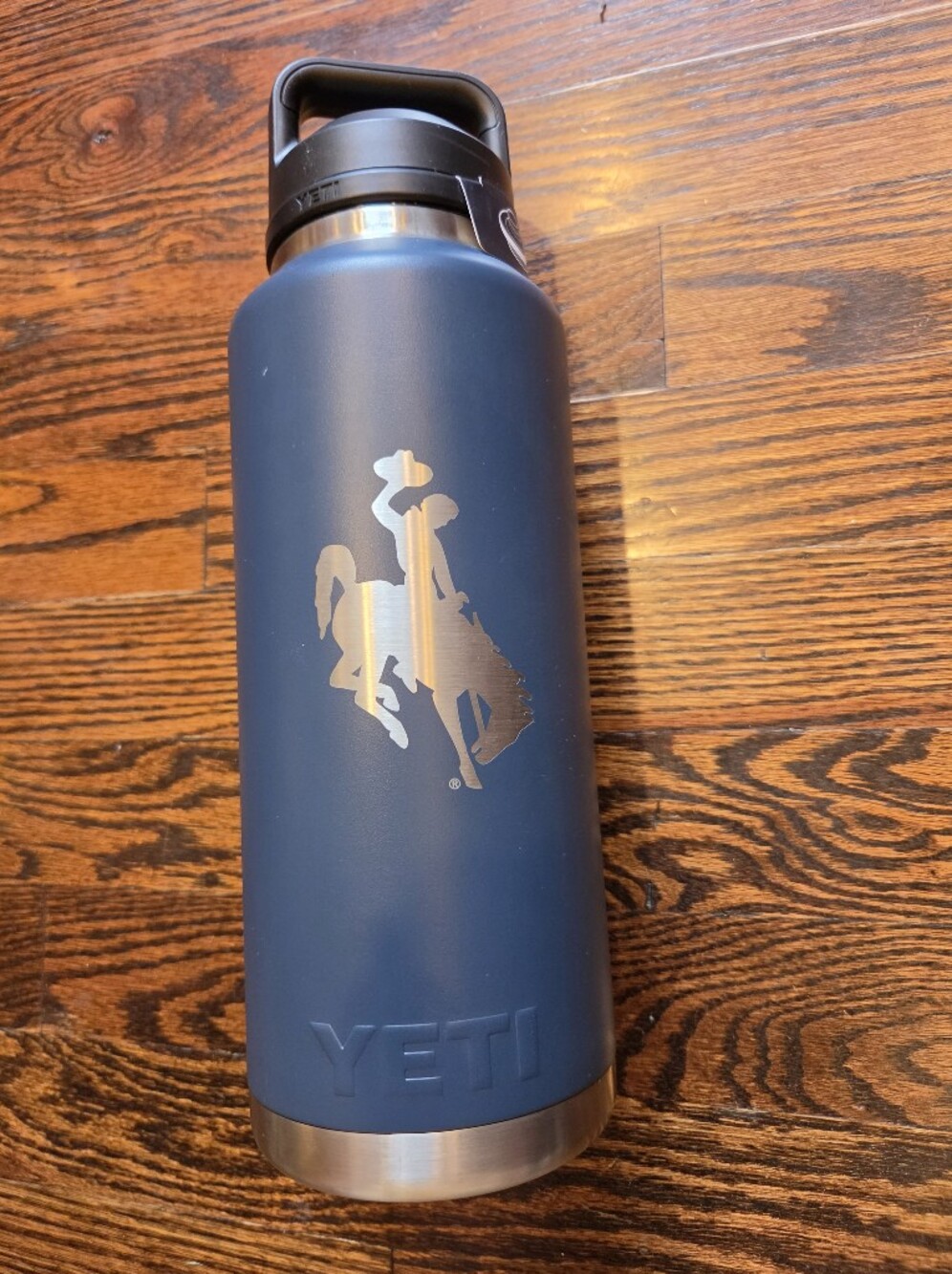 Yeti Navy Blue Bottle with Silver University Of Wyoming Graphic, 24 OZ